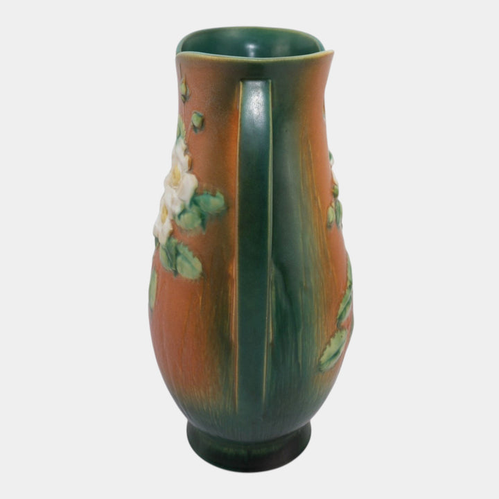 Roseville White Rose Brown Green 1940 Vintage Art Pottery Floor Vase 992-15 - Just Art Pottery