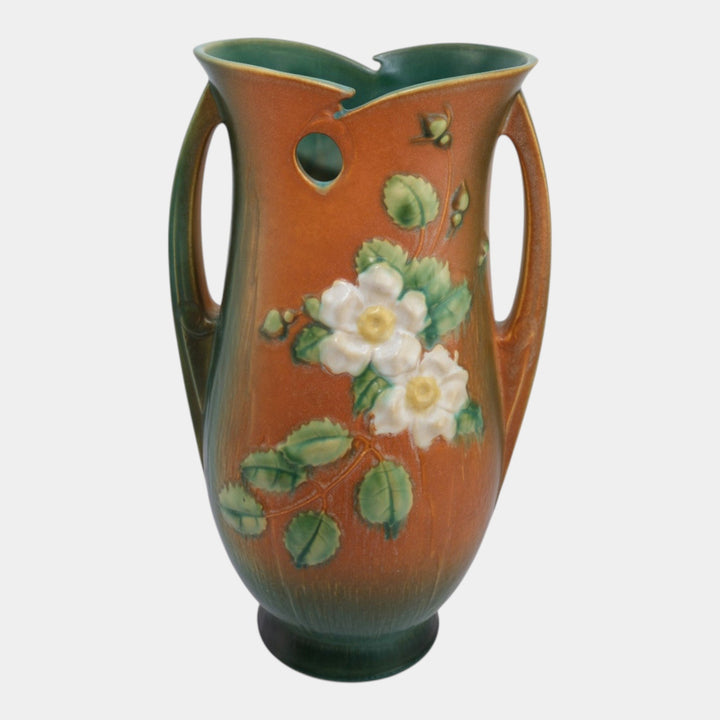Roseville White Rose Brown Green 1940 Vintage Art Pottery Floor Vase 992-15 - Just Art Pottery