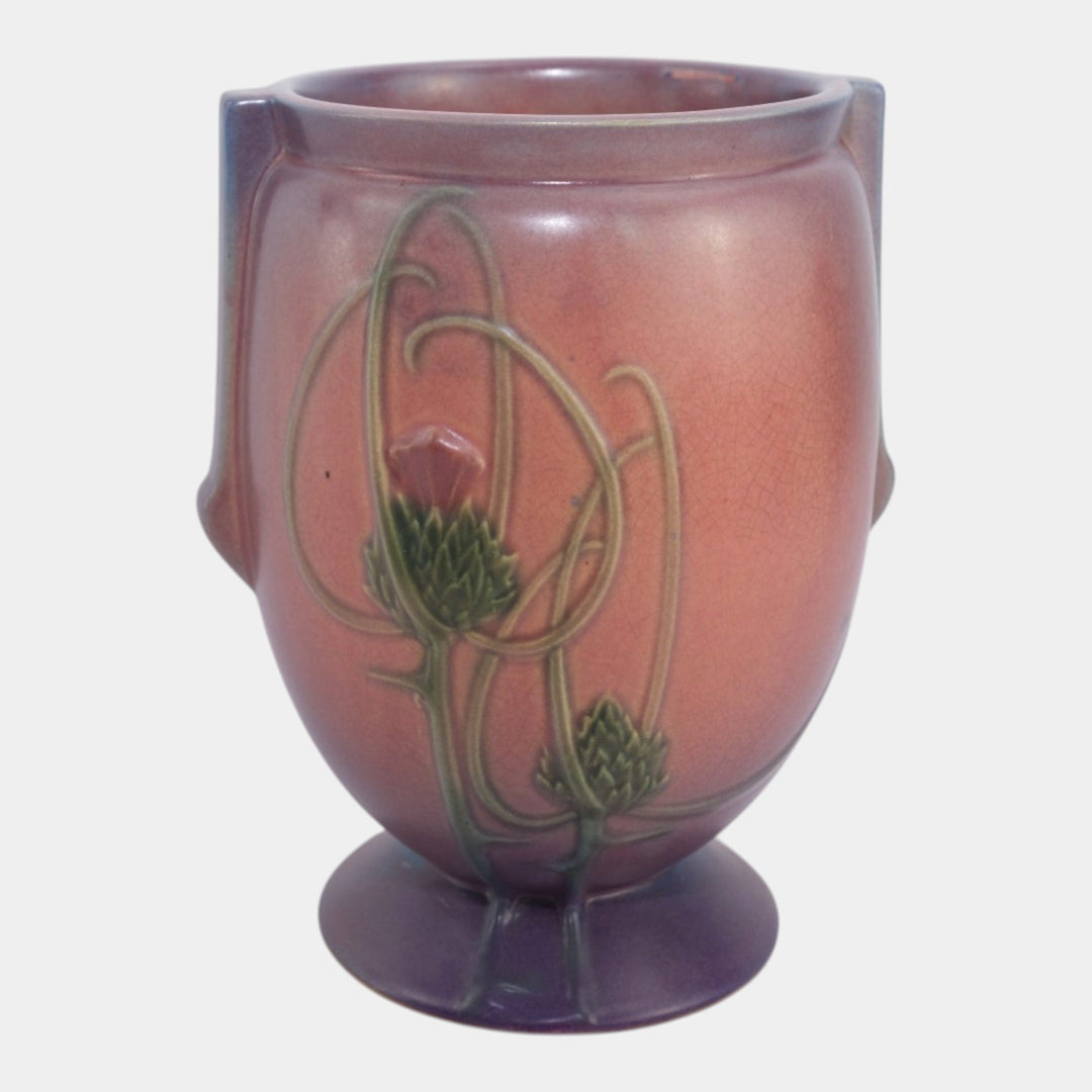 Roseville Futura Pink Purple 1928 Vintage Art Deco Pottery Thistle Vase 427-8 - Just Art Pottery