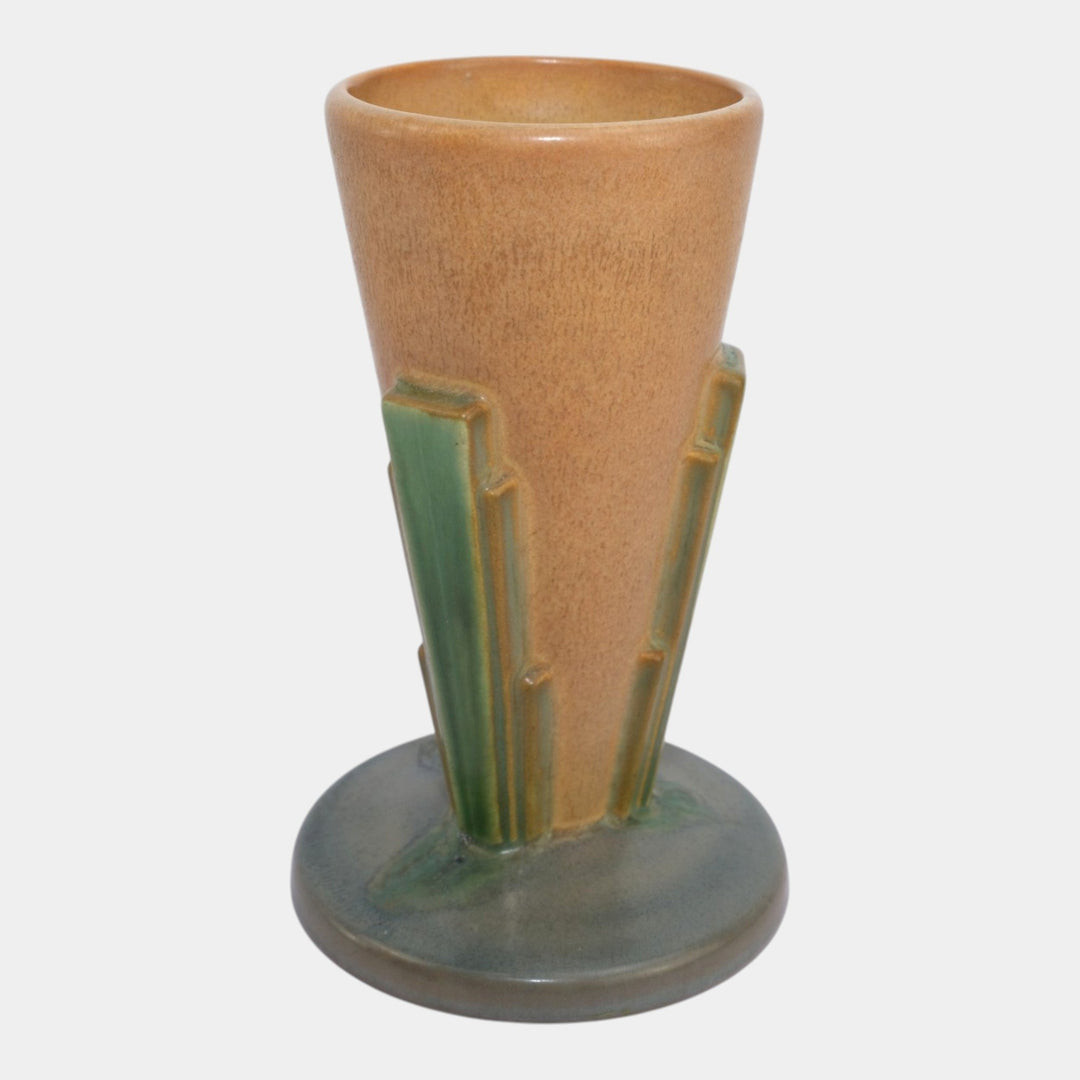 Roseville Futura Tan 1928 Vintage Art Deco Pottery Buttressed Cone Vase 401-8 - Just Art Pottery