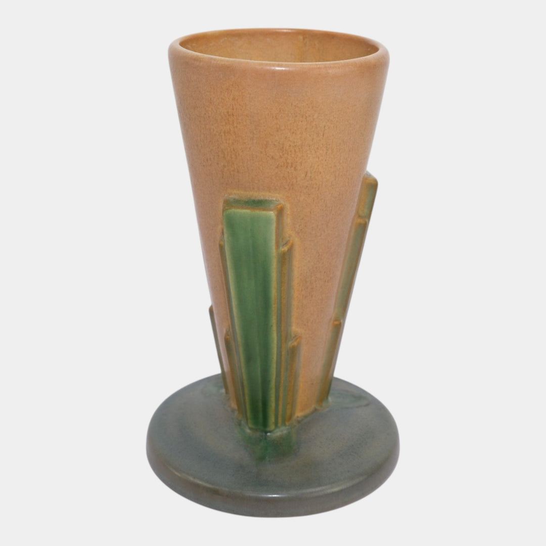 Roseville Futura Tan 1928 Vintage Art Deco Pottery Buttressed Cone Vase 401-8 - Just Art Pottery