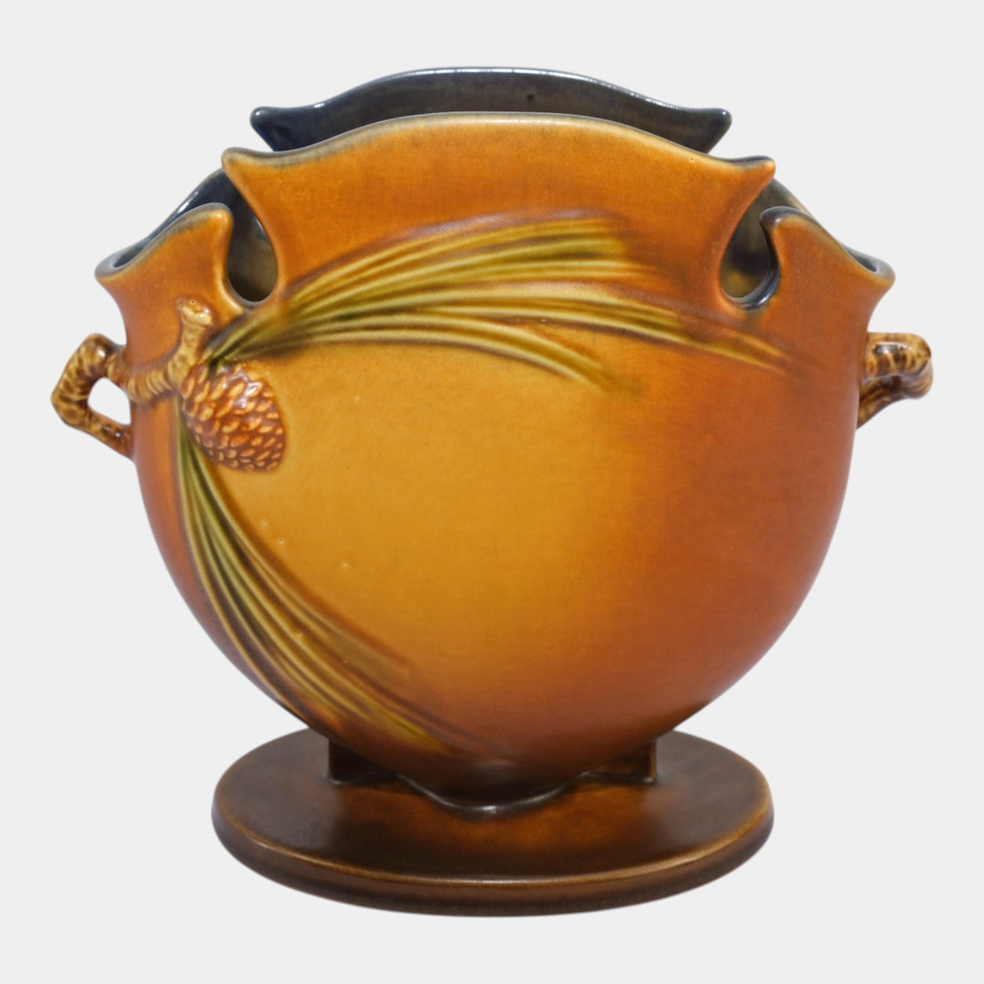 Roseville Pine Cone Brown 1936 Vintage Art Pottery Ceramic Pillow Vase 845-8 - Just Art Pottery