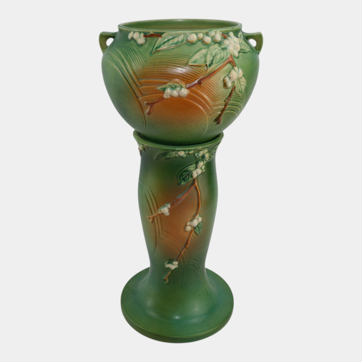 Roseville Snowberry Green 1947 Vintage Pottery Jardiniere Pedestal 1J-8 - Just Art Pottery