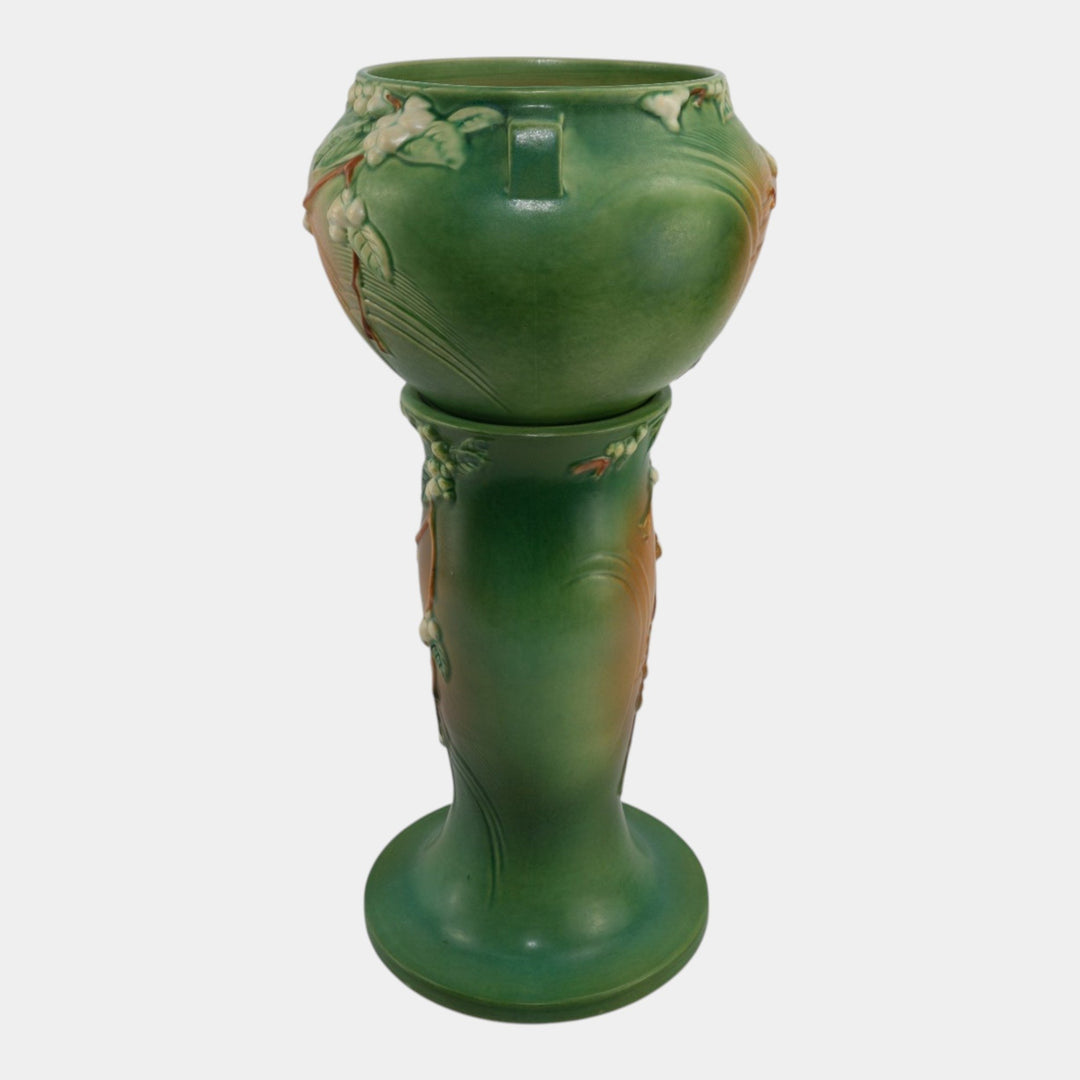 Roseville Snowberry Green 1947 Vintage Pottery Jardiniere Pedestal 1J-8 - Just Art Pottery