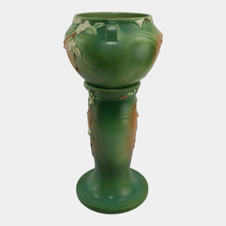 Roseville Snowberry Green 1947 Vintage Pottery Jardiniere Pedestal 1J-8 - Just Art Pottery