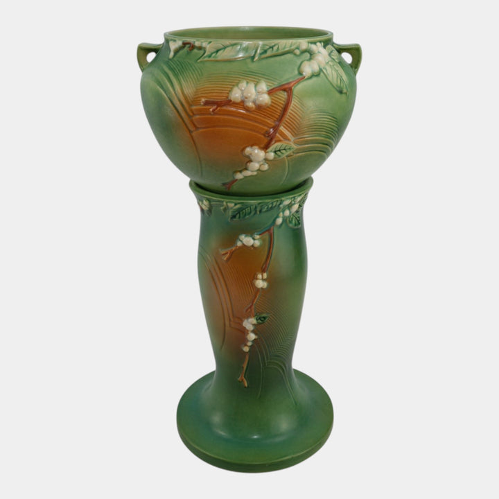 Roseville Snowberry Green 1947 Vintage Pottery Jardiniere Pedestal 1J-8 - Just Art Pottery