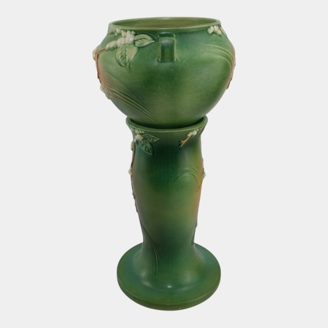 Roseville Snowberry Green 1947 Vintage Pottery Jardiniere Pedestal 1J-8 - Just Art Pottery