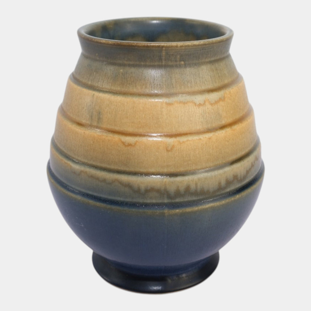 Roseville Futura Blue Tan 1928 Vintage Art Deco Pottery Stepped Egg Vase 424-7