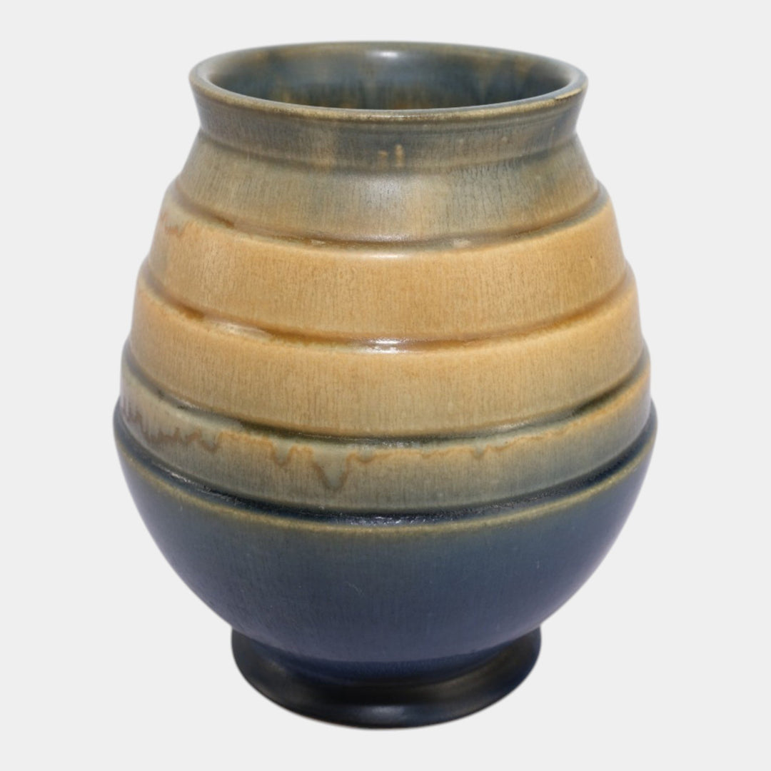 Roseville Futura Blue Tan 1928 Vintage Art Deco Pottery Stepped Egg Vase 424-7