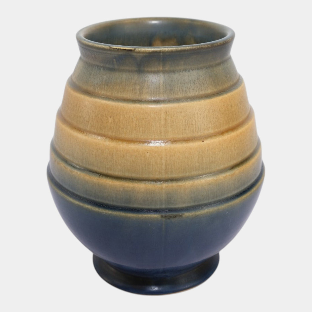 Roseville Futura Blue Tan 1928 Vintage Art Deco Pottery Stepped Egg Vase 424-7