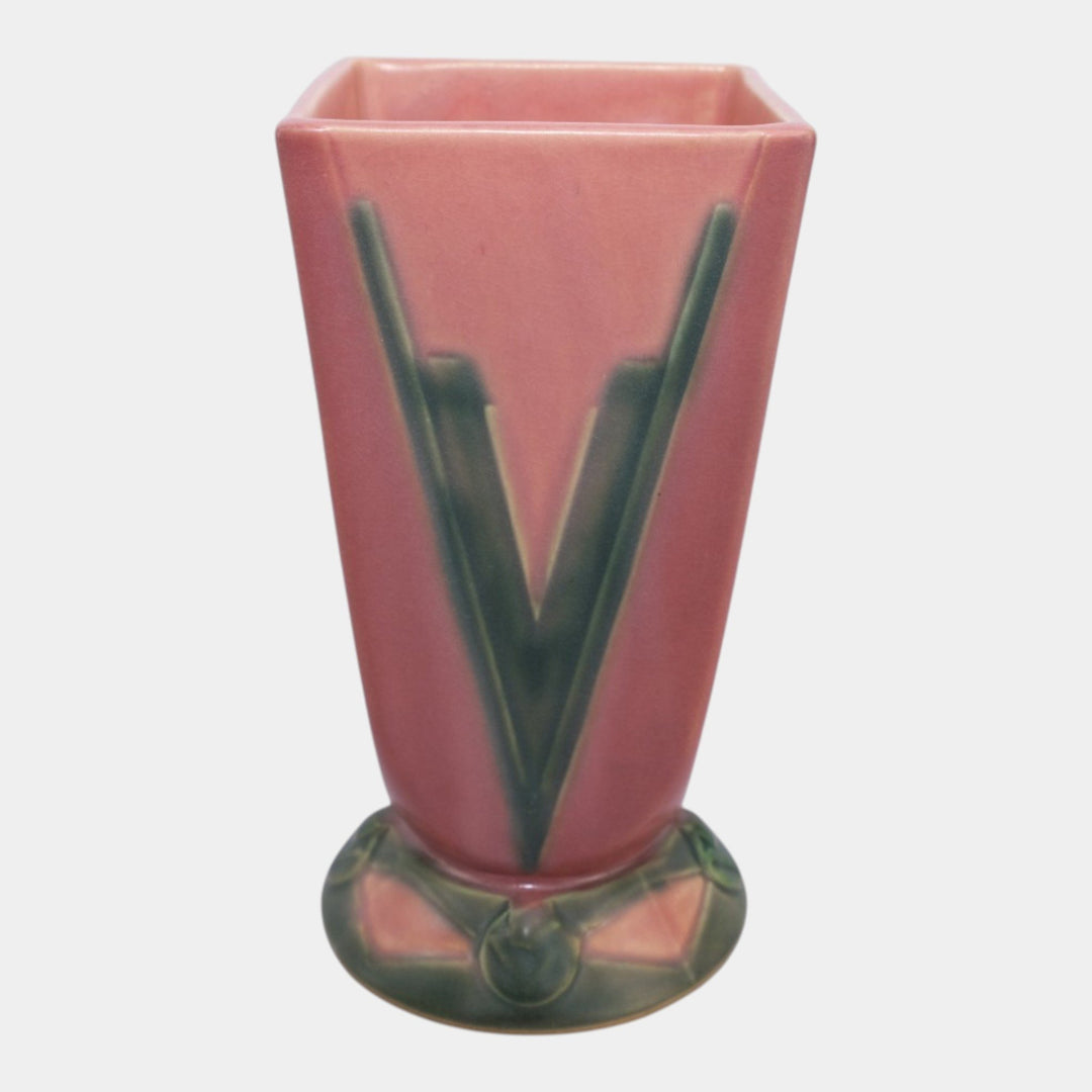 Roseville Futura Pink Green 1928 Art Deco Pottery Ceramic Victory Vee Vase 399-7 - Just Art Pottery