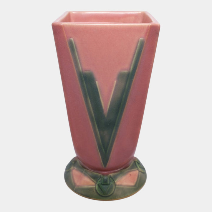 Roseville Futura Pink Green 1928 Art Deco Pottery Ceramic Victory Vee Vase 399-7 - Just Art Pottery