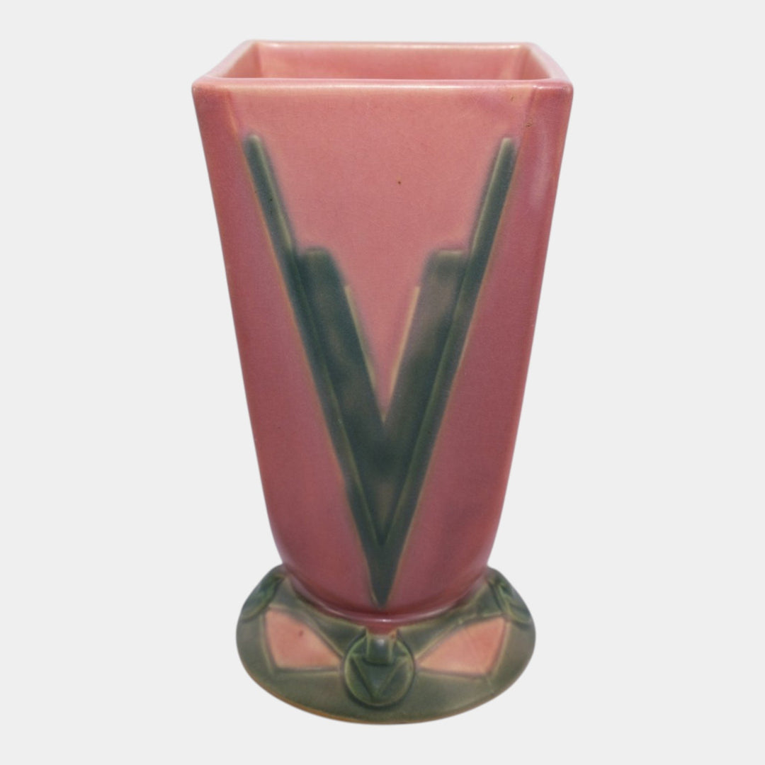 Roseville Futura Pink Green 1928 Art Deco Pottery Ceramic Victory Vee Vase 399-7 - Just Art Pottery