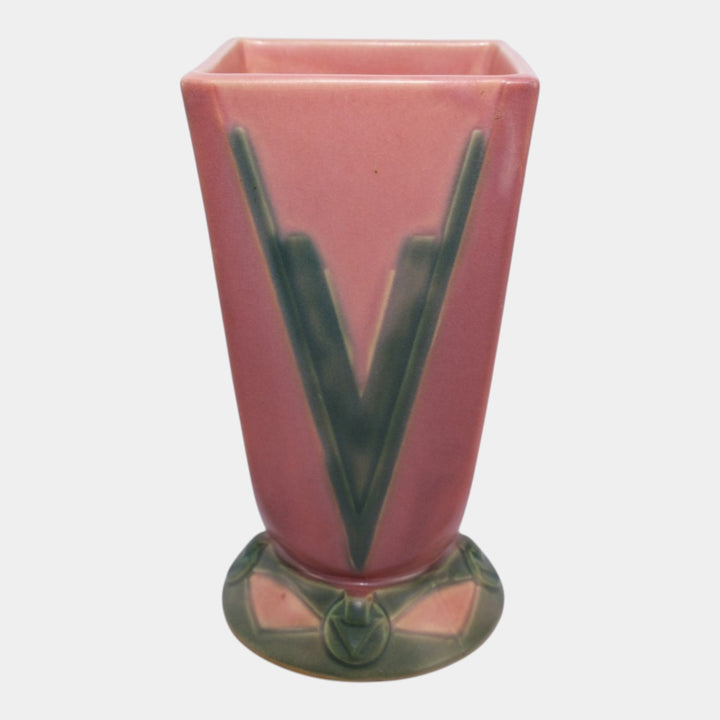 Roseville Futura Pink Green 1928 Art Deco Pottery Ceramic Victory Vee Vase 399-7 - Just Art Pottery
