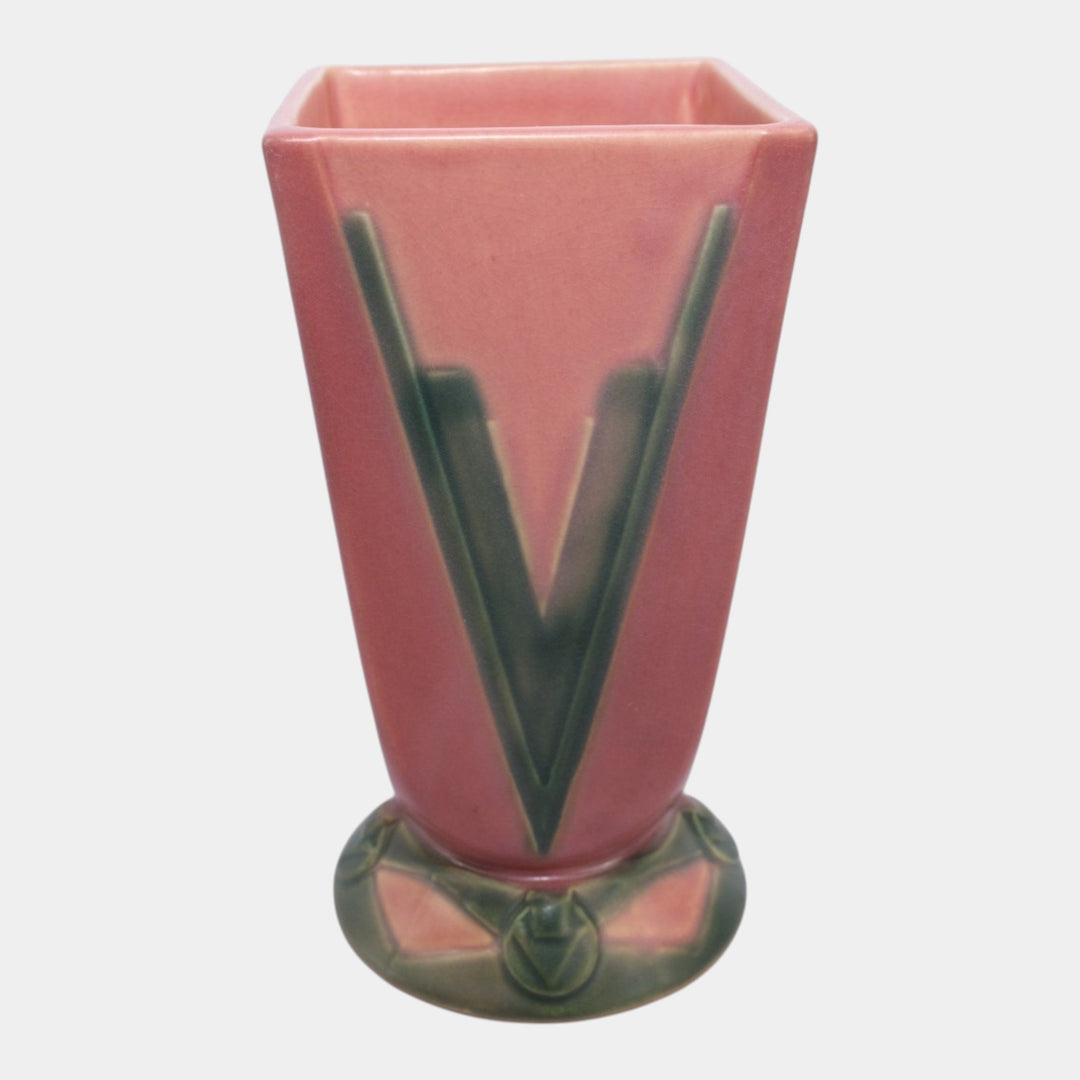 Roseville Futura Pink Green 1928 Art Deco Pottery Ceramic Victory Vee Vase 399-7 - Just Art Pottery