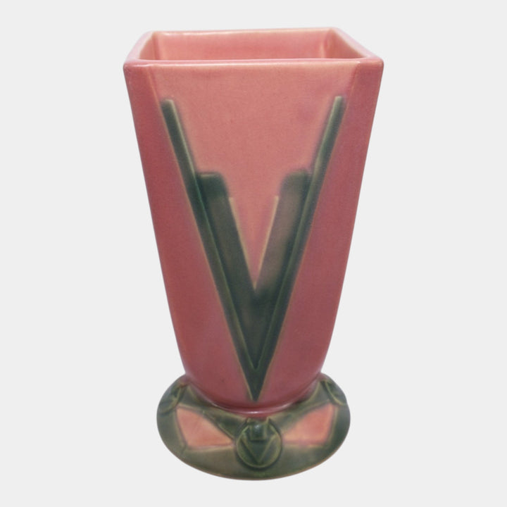 Roseville Futura Pink Green 1928 Art Deco Pottery Ceramic Victory Vee Vase 399-7 - Just Art Pottery