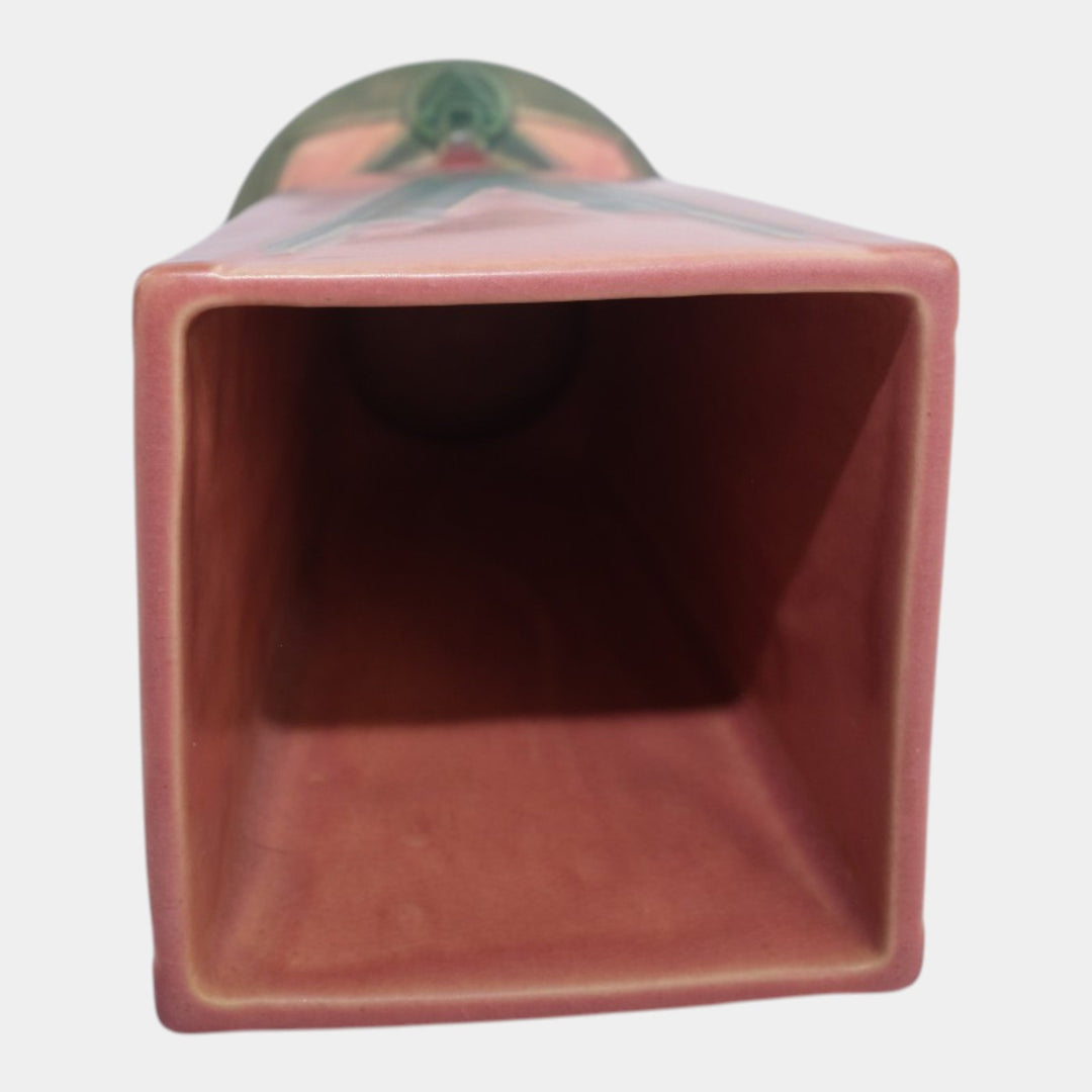 Roseville Futura Pink Green 1928 Art Deco Pottery Ceramic Victory Vee Vase 399-7 - Just Art Pottery