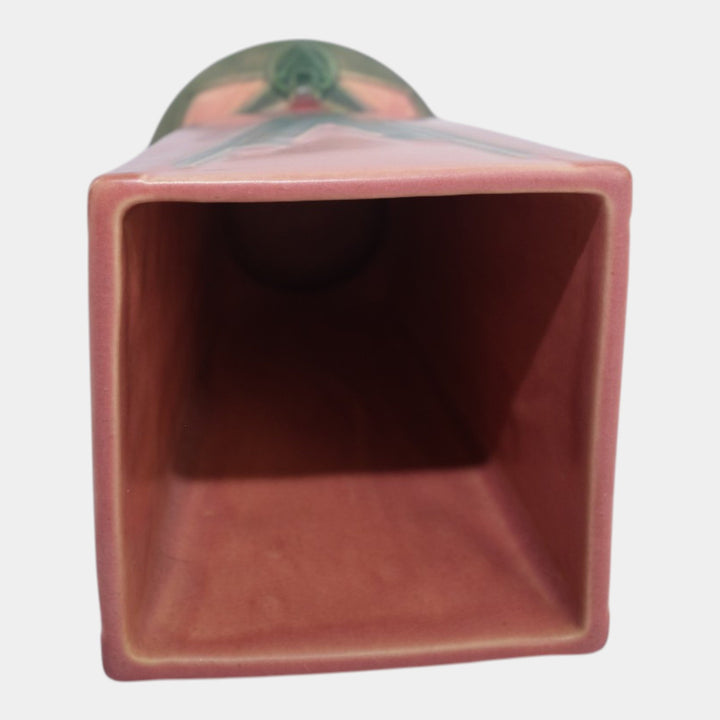 Roseville Futura Pink Green 1928 Art Deco Pottery Ceramic Victory Vee Vase 399-7 - Just Art Pottery