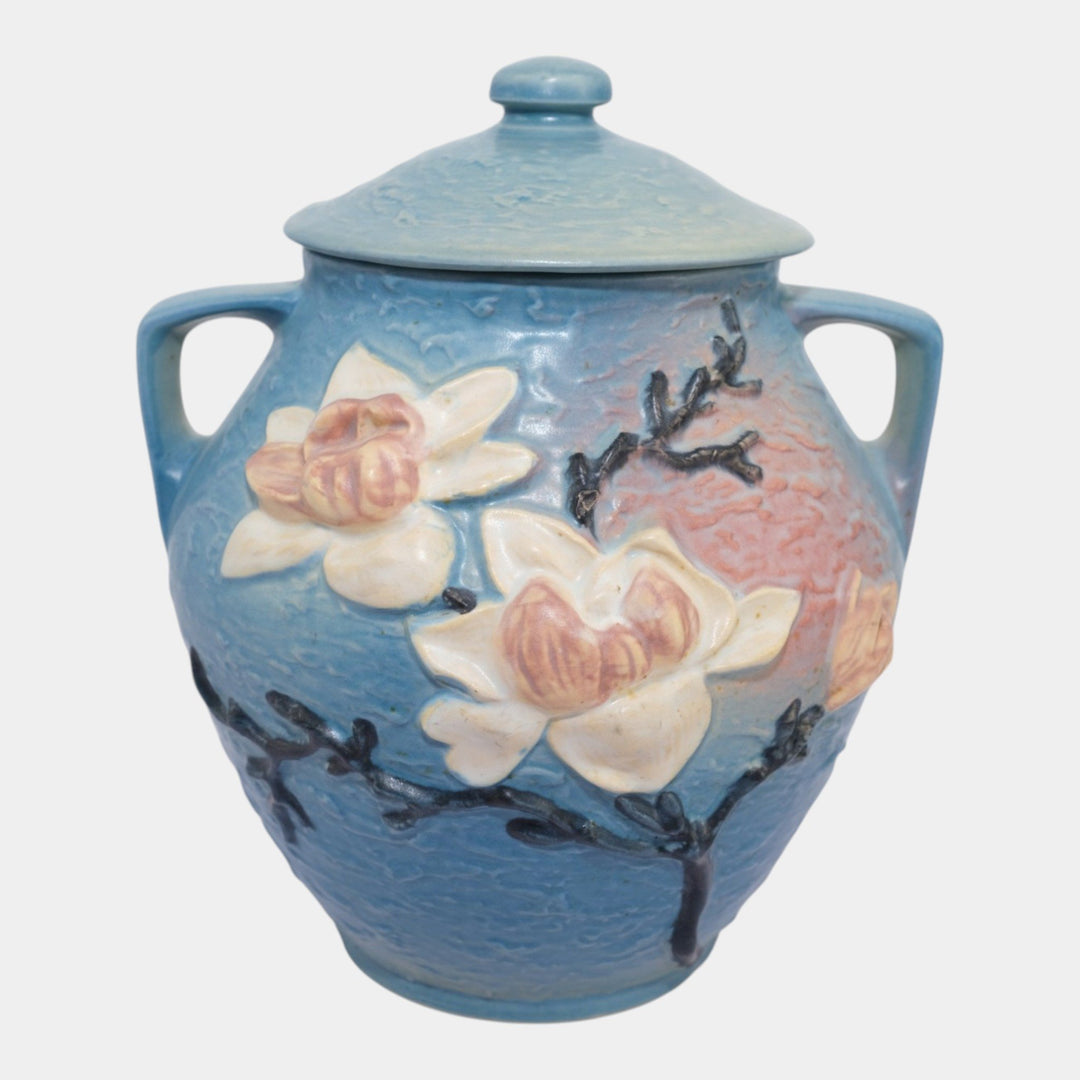 Roseville Magnolia Blue 1943 Mid Century Modern Pottery Ceramic Cookie Jar 2-8 - Just Art Pottery