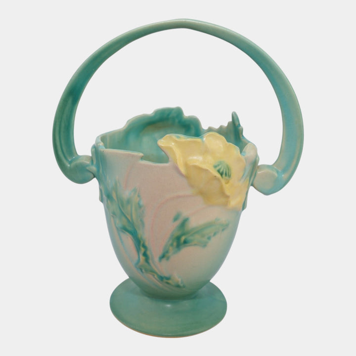 Roseville Poppy Green 1938 Vintage Art Deco Pottery Ceramic Basket 347-10 - Just Art Pottery