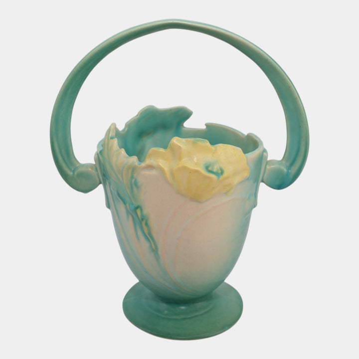 Roseville Poppy Green 1938 Vintage Art Deco Pottery Ceramic Basket 347-10 - Just Art Pottery