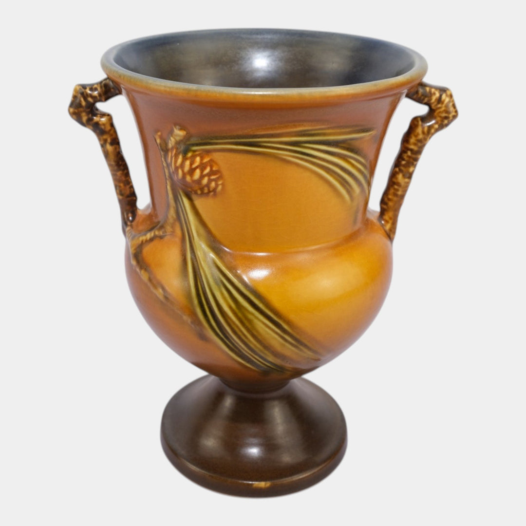 Roseville Pine Cone Brown 1936 Vintage Art Pottery Ceramic Handled Vase 908-8 - Just Art Pottery