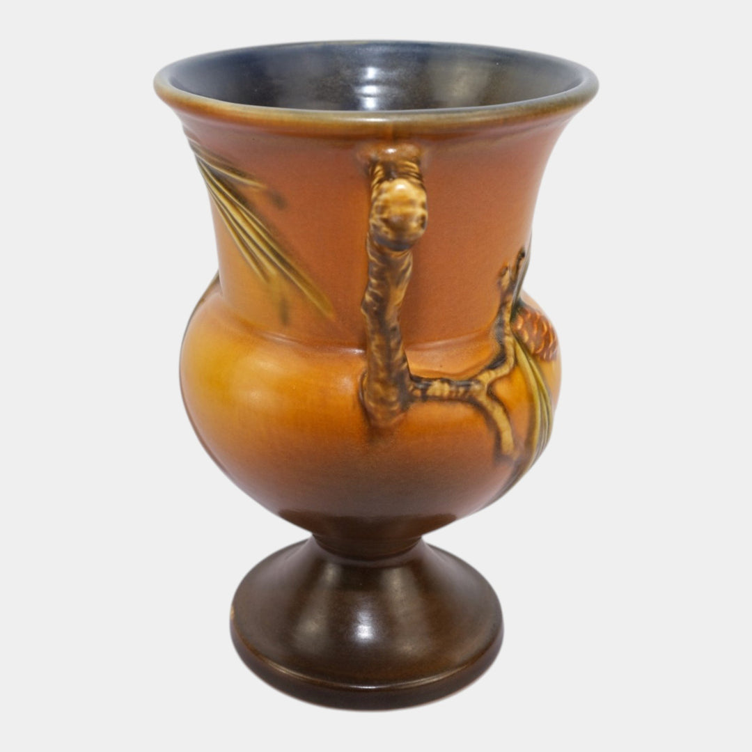 Roseville Pine Cone Brown 1936 Vintage Art Pottery Ceramic Handled Vase 908-8 - Just Art Pottery