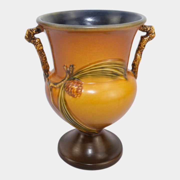 Roseville Pine Cone Brown 1936 Vintage Art Pottery Ceramic Handled Vase 908-8 - Just Art Pottery