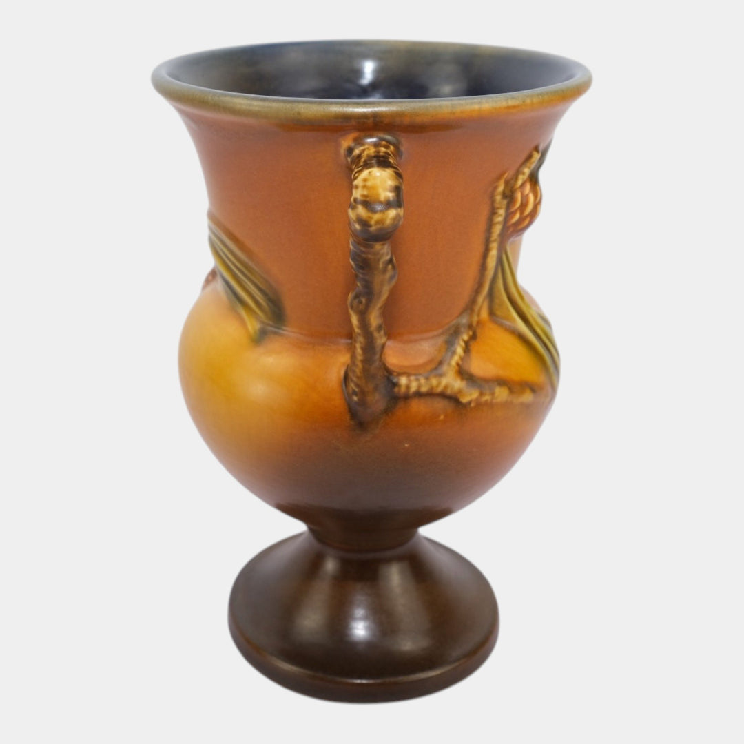 Roseville Pine Cone Brown 1936 Vintage Art Pottery Ceramic Handled Vase 908-8 - Just Art Pottery