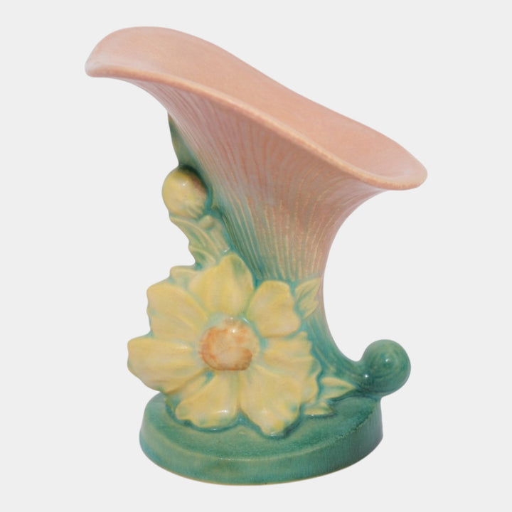 Roseville Peony Pink 1942 Mid Century Modern Pottery Ceramic Cornucopia 170-6 - Just Art Pottery