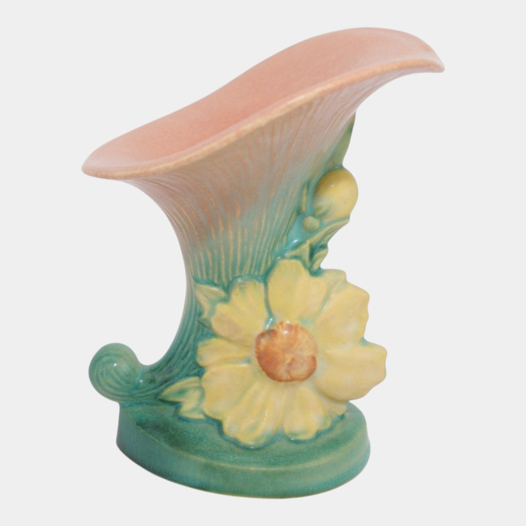 Roseville Peony Pink 1942 Mid Century Modern Pottery Ceramic Cornucopia 170-6 - Just Art Pottery