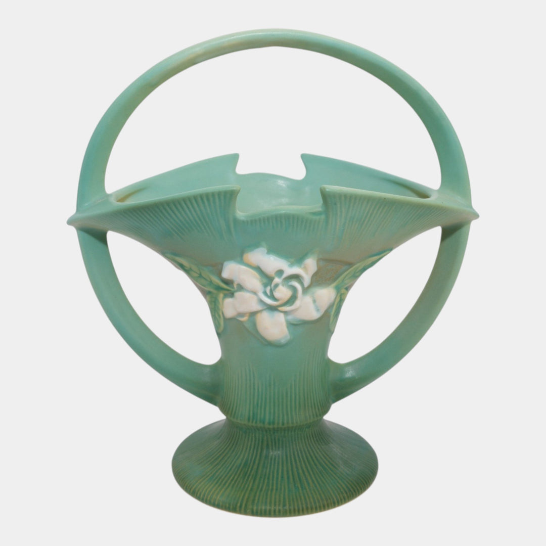 Roseville Gardenia Green 1950 Mid Century Modern Pottery Ceramic Basket 609-10 - Just Art Pottery