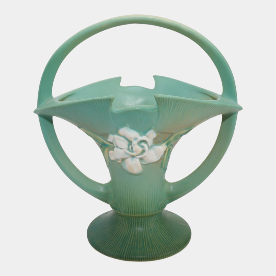 Roseville Gardenia Green 1950 Mid Century Modern Pottery Ceramic Basket 609-10 - Just Art Pottery