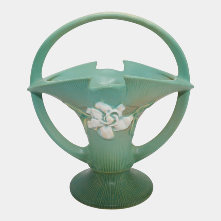 Roseville Gardenia Green 1950 Mid Century Modern Pottery Ceramic Basket 609-10 - Just Art Pottery