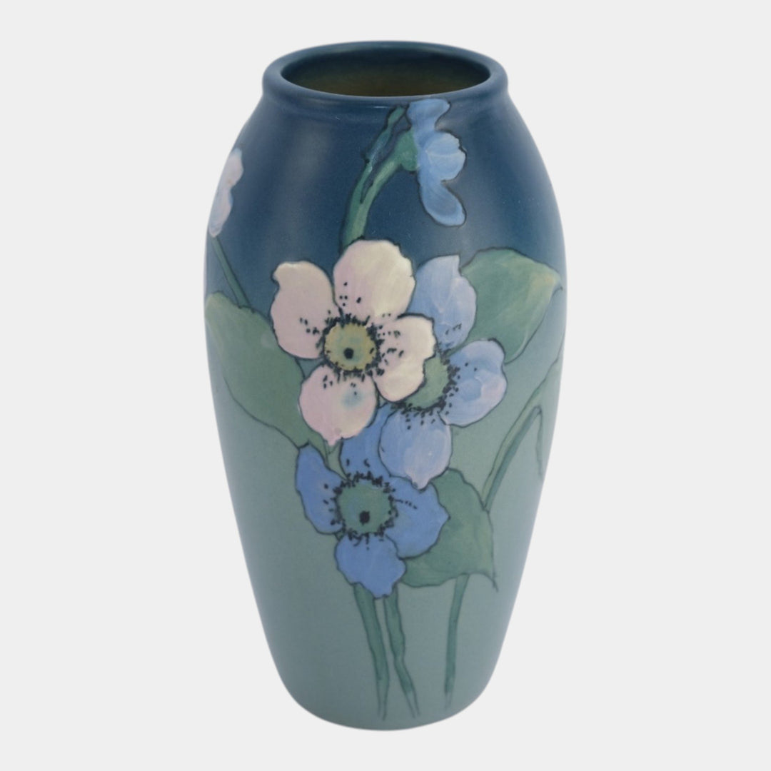 Weller Hudson 1920s Vintage Art Pottery Hand Painted Blue Floral Vase Timberlake - Just Art Pottery
