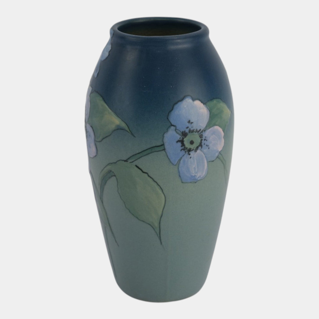 Weller Hudson 1920s Vintage Art Pottery Hand Painted Blue Floral Vase Timberlake - Just Art Pottery
