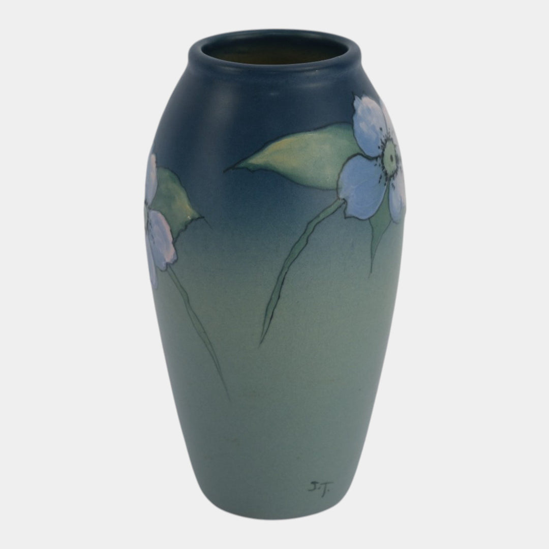 Weller Hudson 1920s Vintage Art Pottery Hand Painted Blue Floral Vase Timberlake - Just Art Pottery