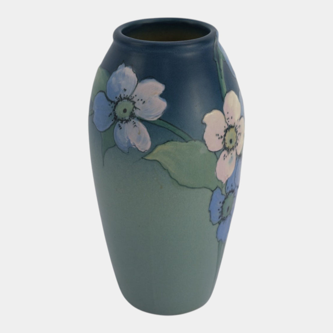 Weller Hudson 1920s Vintage Art Pottery Hand Painted Blue Floral Vase Timberlake - Just Art Pottery