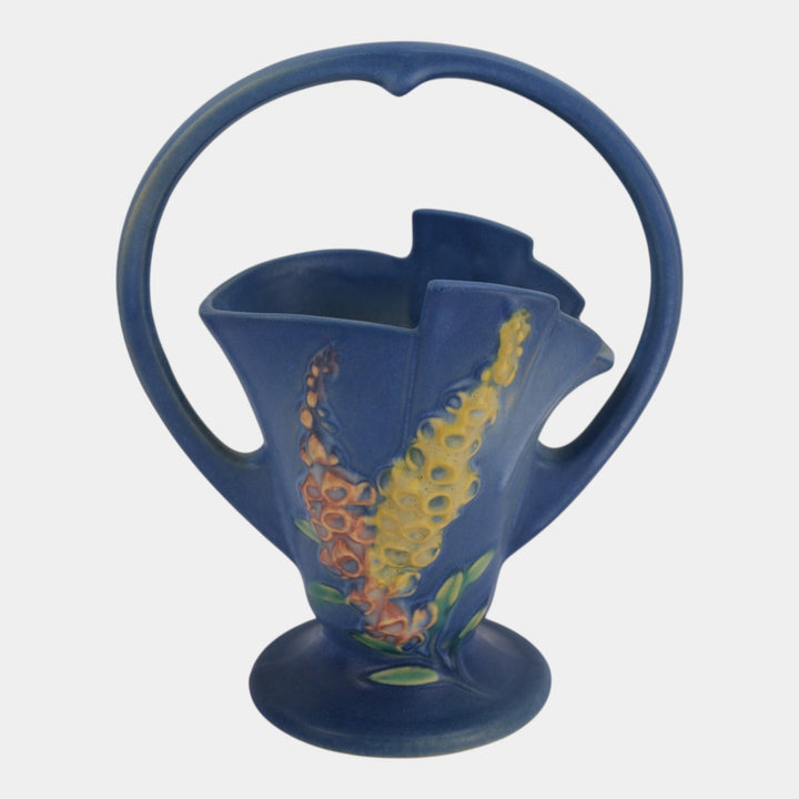 Roseville Foxglove Blue 1942 Vintage Art Pottery Ceramic Basket 373-8 - Just Art Pottery