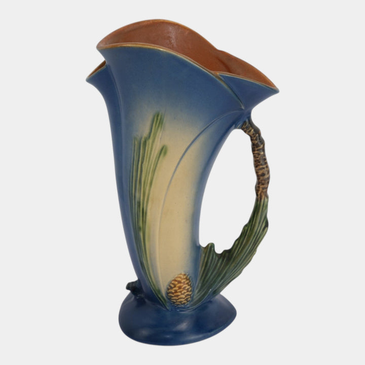 Roseville Pine Cone Blue 1953 Mid Century Modern Pottery Ewer Vase 485-10 - Just Art Pottery