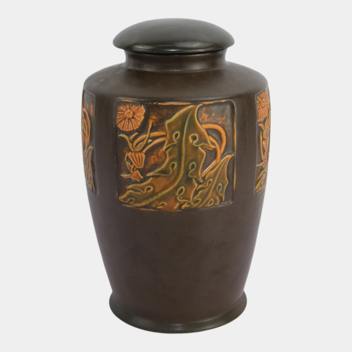 Roseville Rosecraft Panel Brown 1926 Arts And Crafts Pottery Lidded Vase 295-9