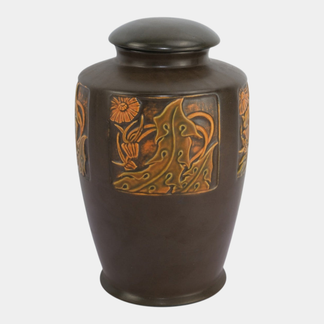 Roseville Rosecraft Panel Brown 1926 Arts And Crafts Pottery Lidded Vase 295-9