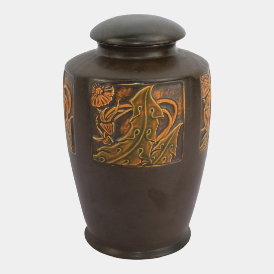 Roseville Rosecraft Panel Brown 1926 Arts And Crafts Pottery Lidded Vase 295-9
