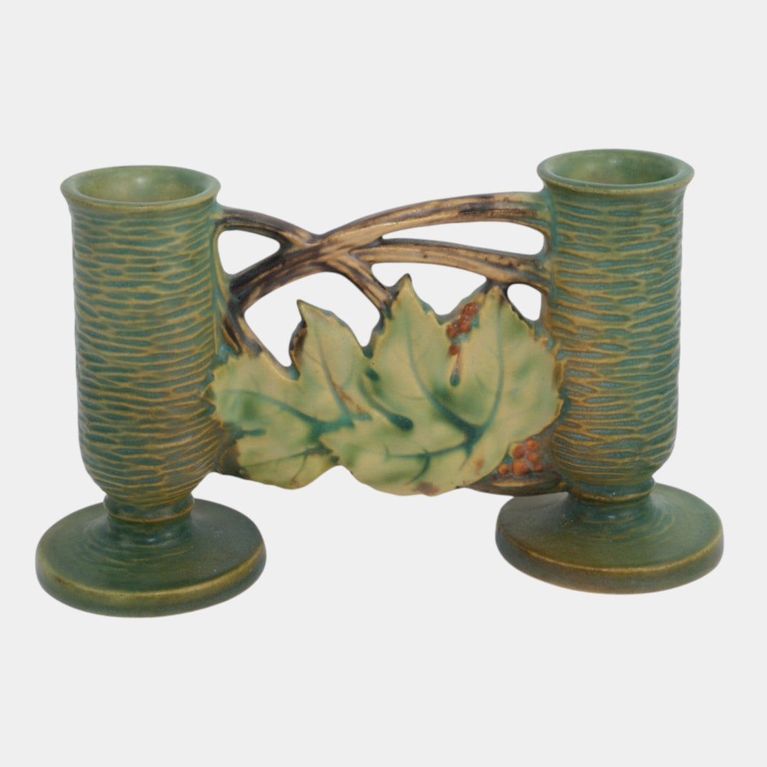 Roseville Bushberry Green 1941 Vintage Art Pottery Ceramic Double Bud Vase 158-4 - Just Art Pottery