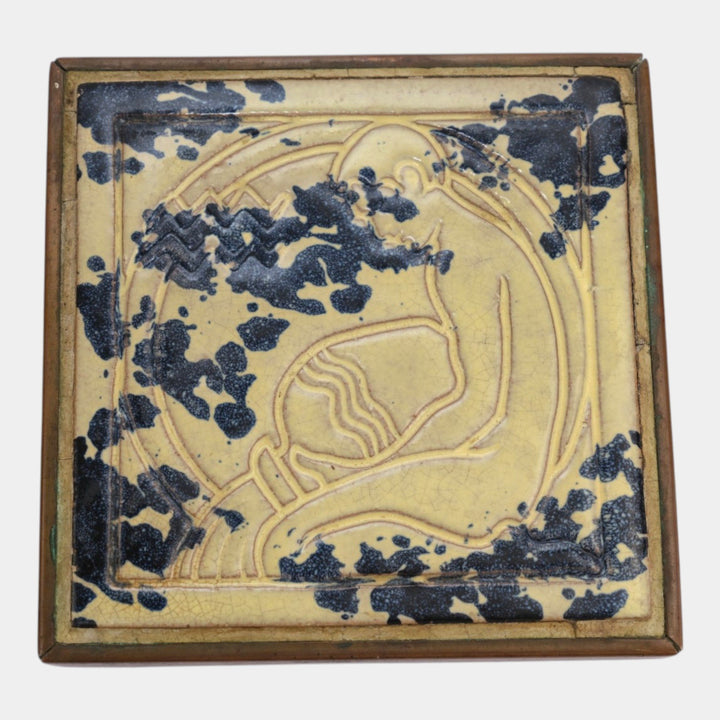 Pewabic Detroit 1920s Art Pottery Mottled Blue White Aquarius Bronze Cased Tile - Just Art Pottery