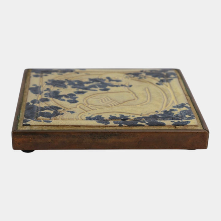 Pewabic Detroit 1920s Art Pottery Mottled Blue White Aquarius Bronze Cased Tile - Just Art Pottery