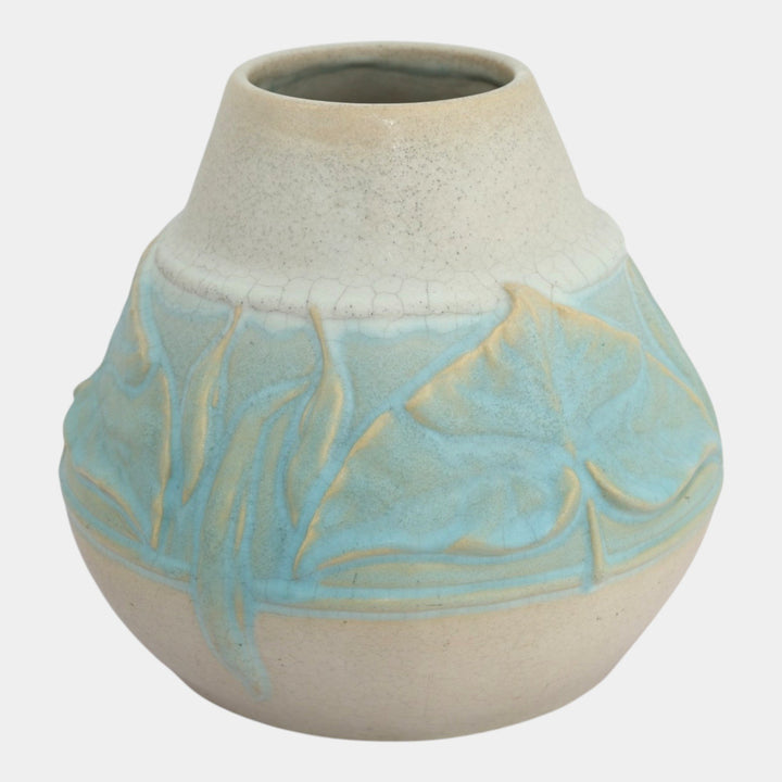 Van Briggle 1904 Vintage Arts And Crafts Pottery Blue Banded Leaves Vase 239 - Just Art Pottery
