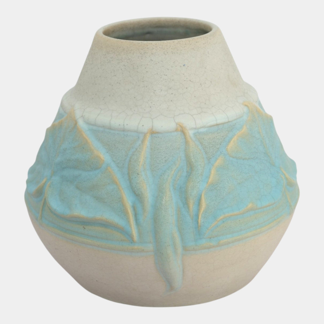 Van Briggle 1904 Vintage Arts And Crafts Pottery Blue Banded Leaves Vase 239 - Just Art Pottery