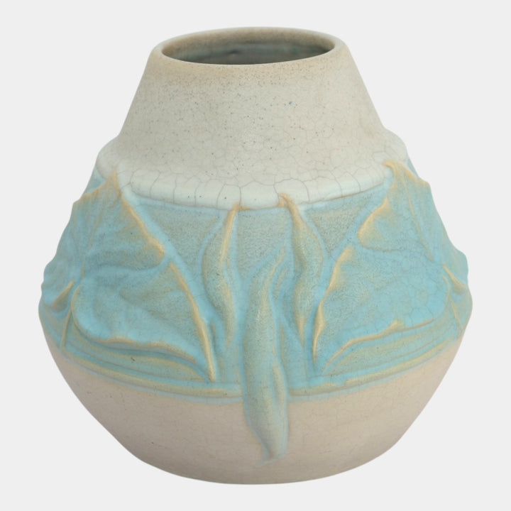 Van Briggle 1904 Vintage Arts And Crafts Pottery Blue Banded Leaves Vase 239 - Just Art Pottery