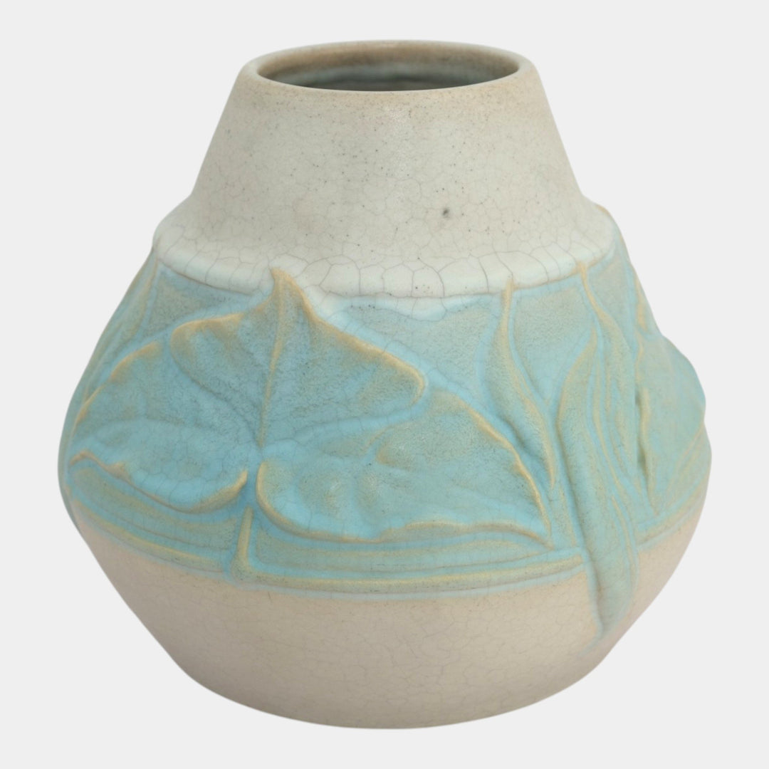 Van Briggle 1904 Vintage Arts And Crafts Pottery Blue Banded Leaves Vase 239 - Just Art Pottery